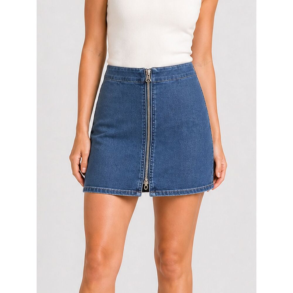 Free People Denim Mini Skirt Blue Front Zip High Waist A-Line Sz 10 Office Siren